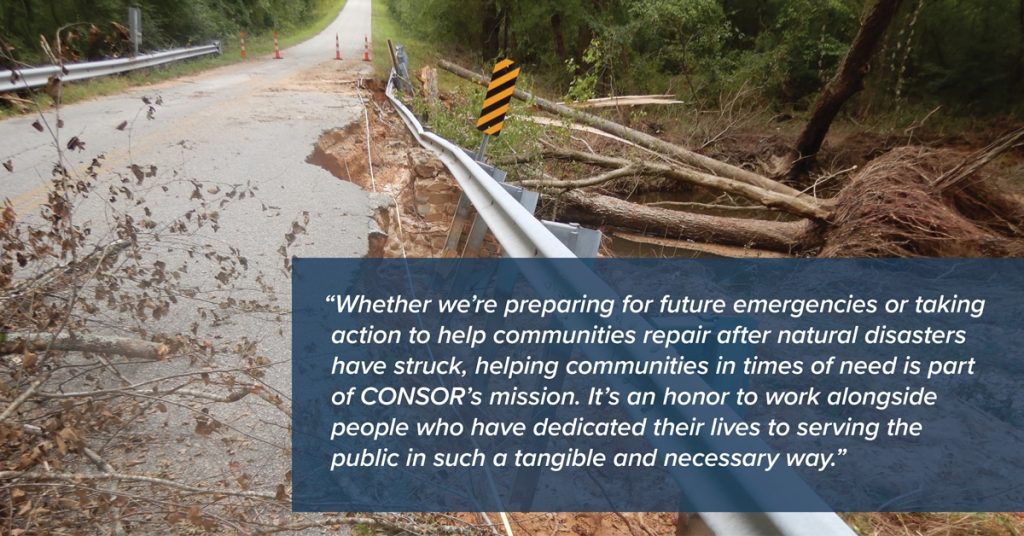 Photo of damaged road shows the need for resilient infrastructure. A pull quote reads: "Whether we're preparing for future emergencies or taking action to help communities repair after natural disasters have struck, helping communities in times of need is part of Consor's mission. It's an honor to work alongside people who have dedicated their lives to serving the public in such a tangible and necessary way. 