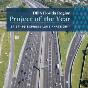 Drone image of the SR 9/I-95 highway design-build project. Text overlay states: DPIA Florida Region Project of the Year.